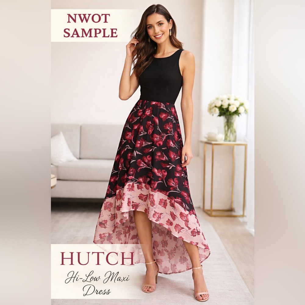 NWOT Sample Hutch Hi-Low Floral Maxi Dress Black Red Pink Small
